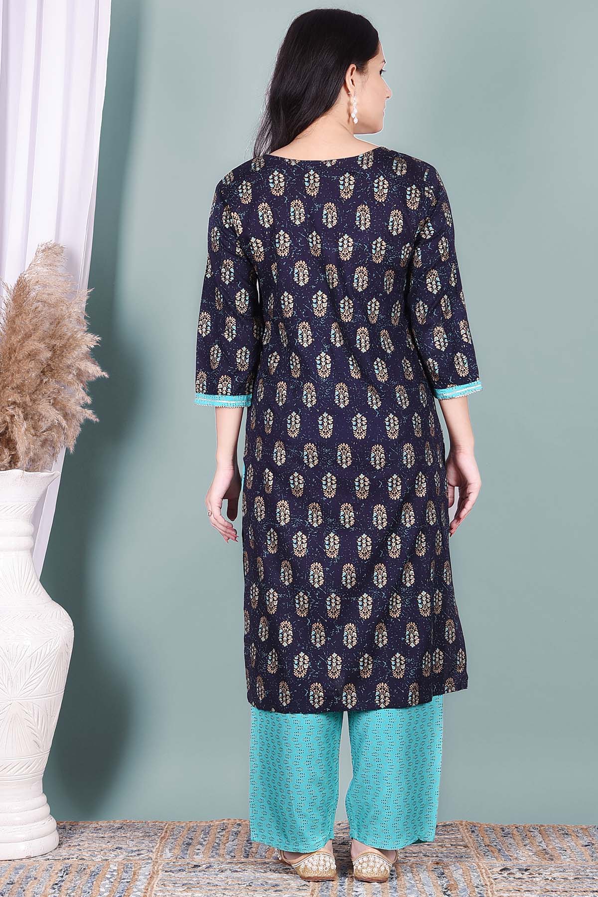 Navy Blue Printed Kurta And Pant Set - DWEEP SARA
