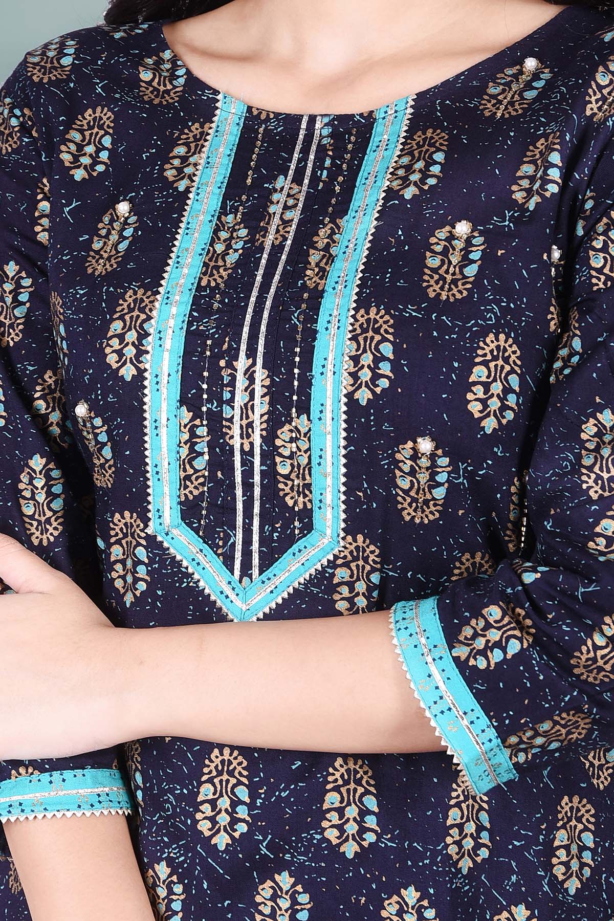 Navy Blue Printed Kurta And Pant Set - DWEEP SARA