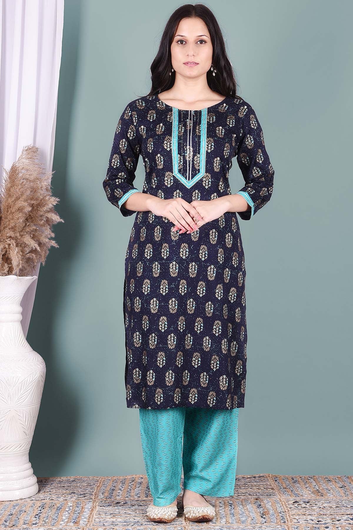 Navy Blue Printed Kurta And Pant Set - DWEEP SARA
