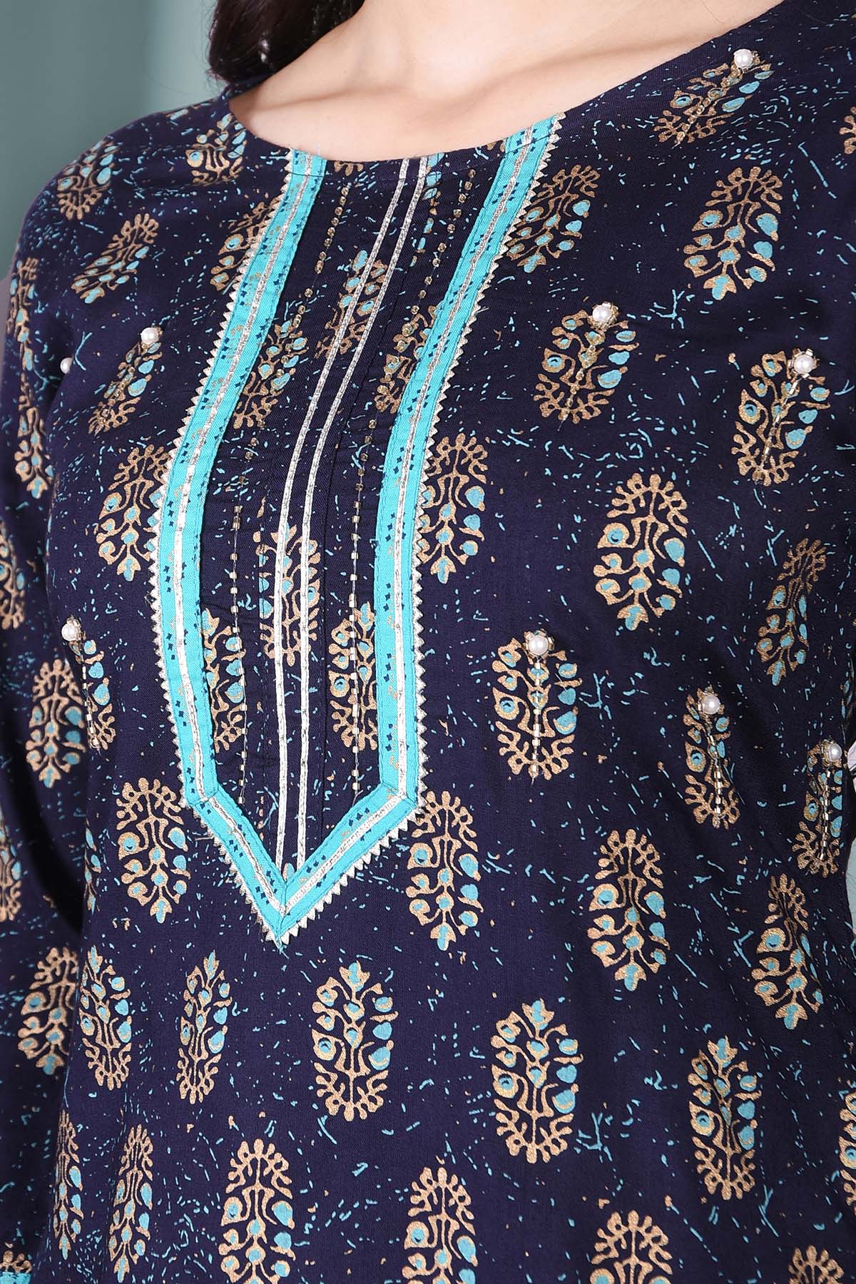 Navy Blue Printed Kurta And Pant Set - DWEEP SARA