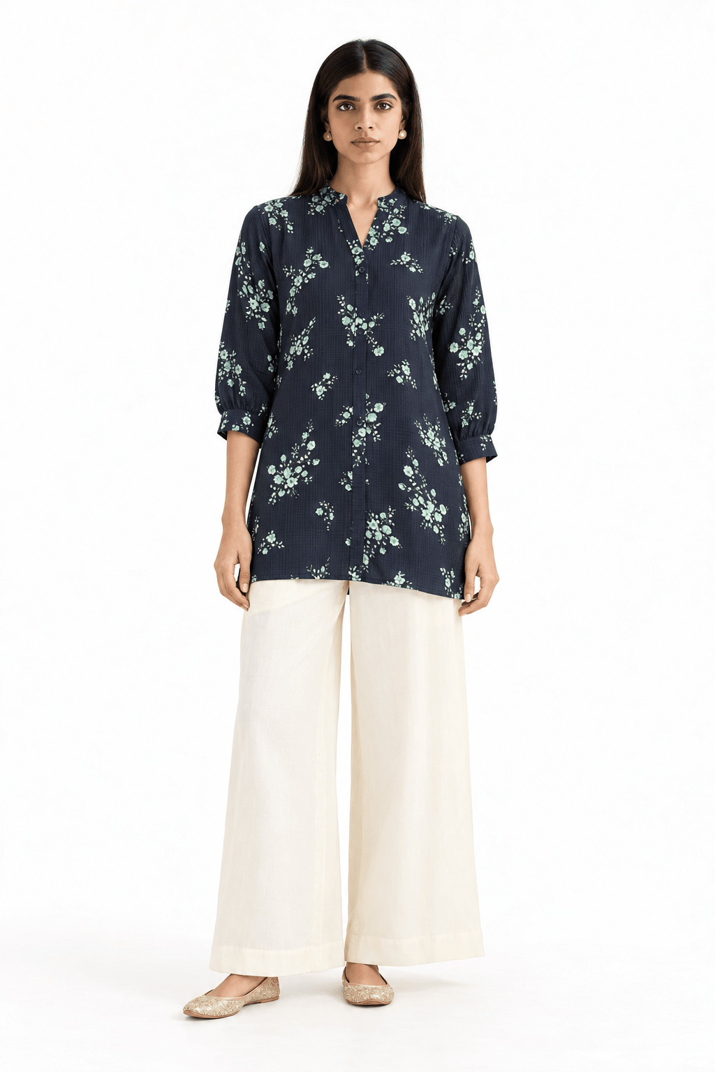 Navy Blue Rayon Blend Floral Printed Straight Short Kurti / Tunic Top - DWEEP SARA