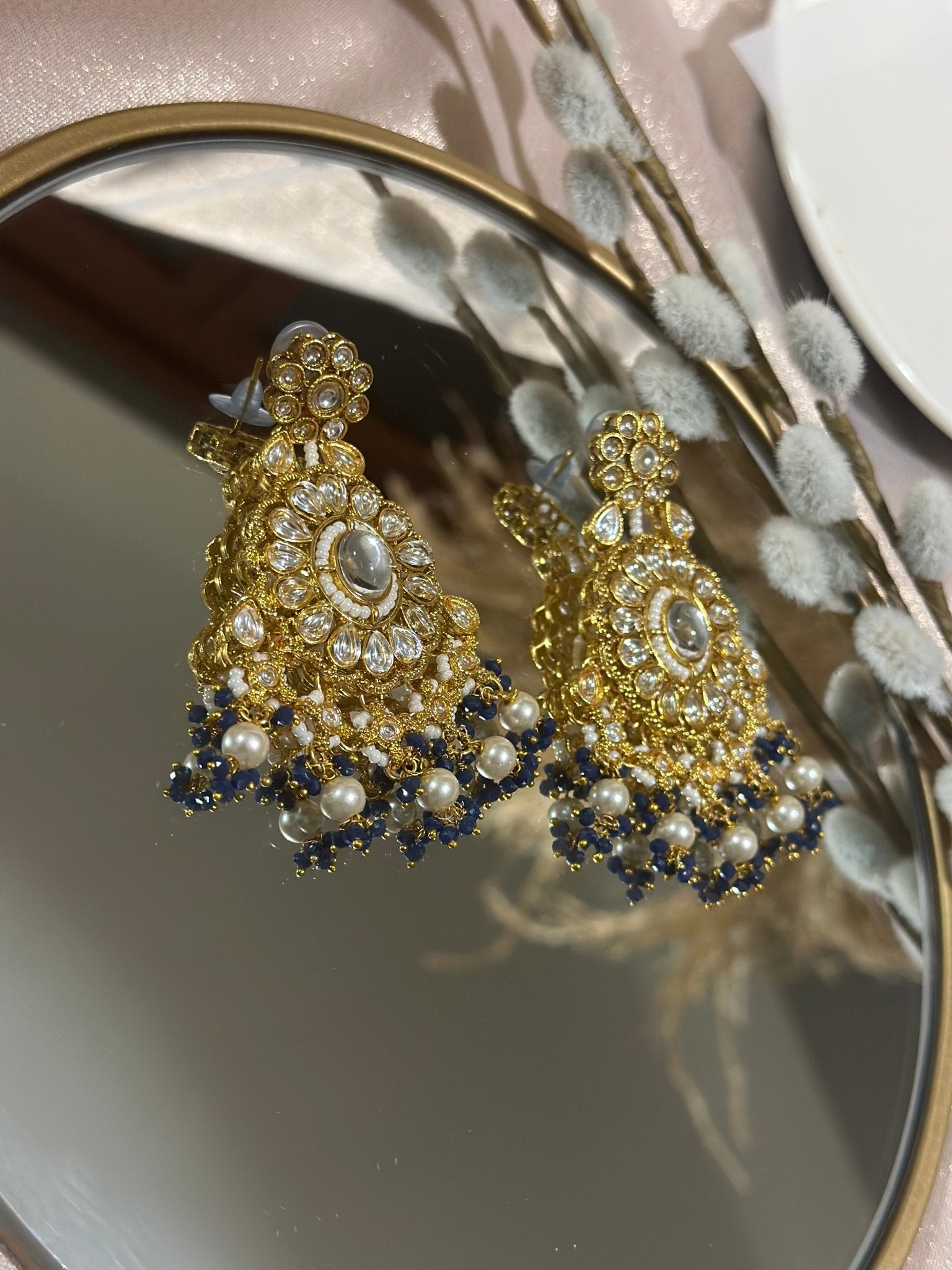 Navy Blue Traditional Kundan Pearl Earrings - DWEEP SARA