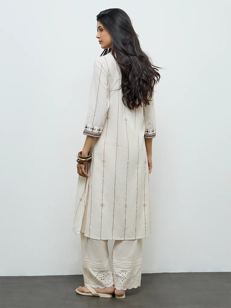 Off-White Aztec Embroidered Cotton-Blend Kurta - DWEEP SARA