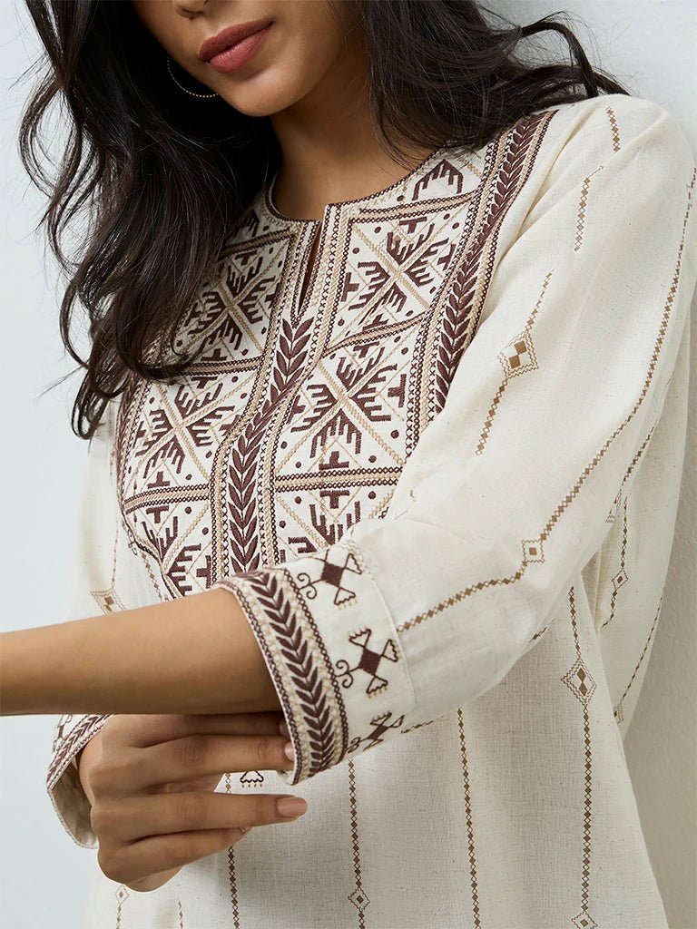 Off-White Aztec Embroidered Cotton-Blend Kurta - DWEEP SARA