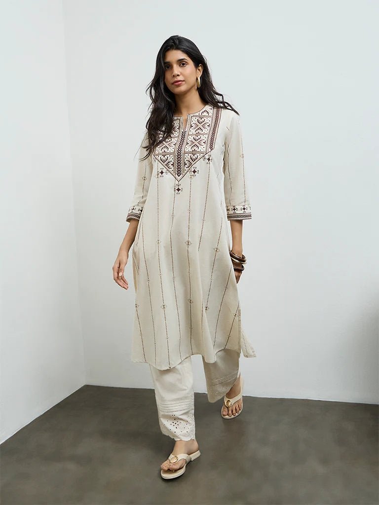 Off-White Aztec Embroidered Cotton-Blend Kurta - DWEEP SARA