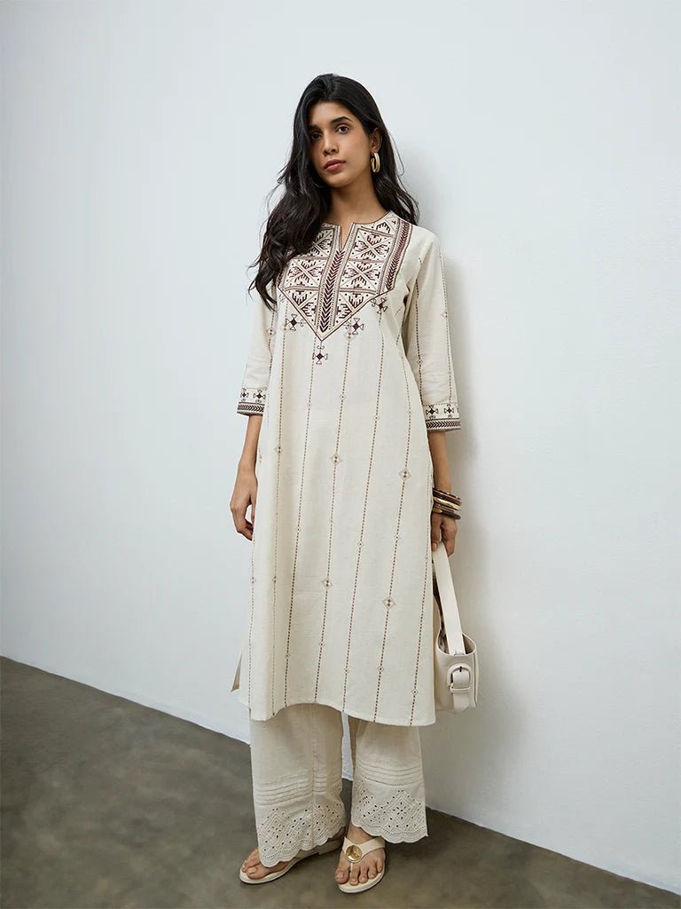 Off-White Aztec Embroidered Cotton-Blend Kurta - DWEEP SARA