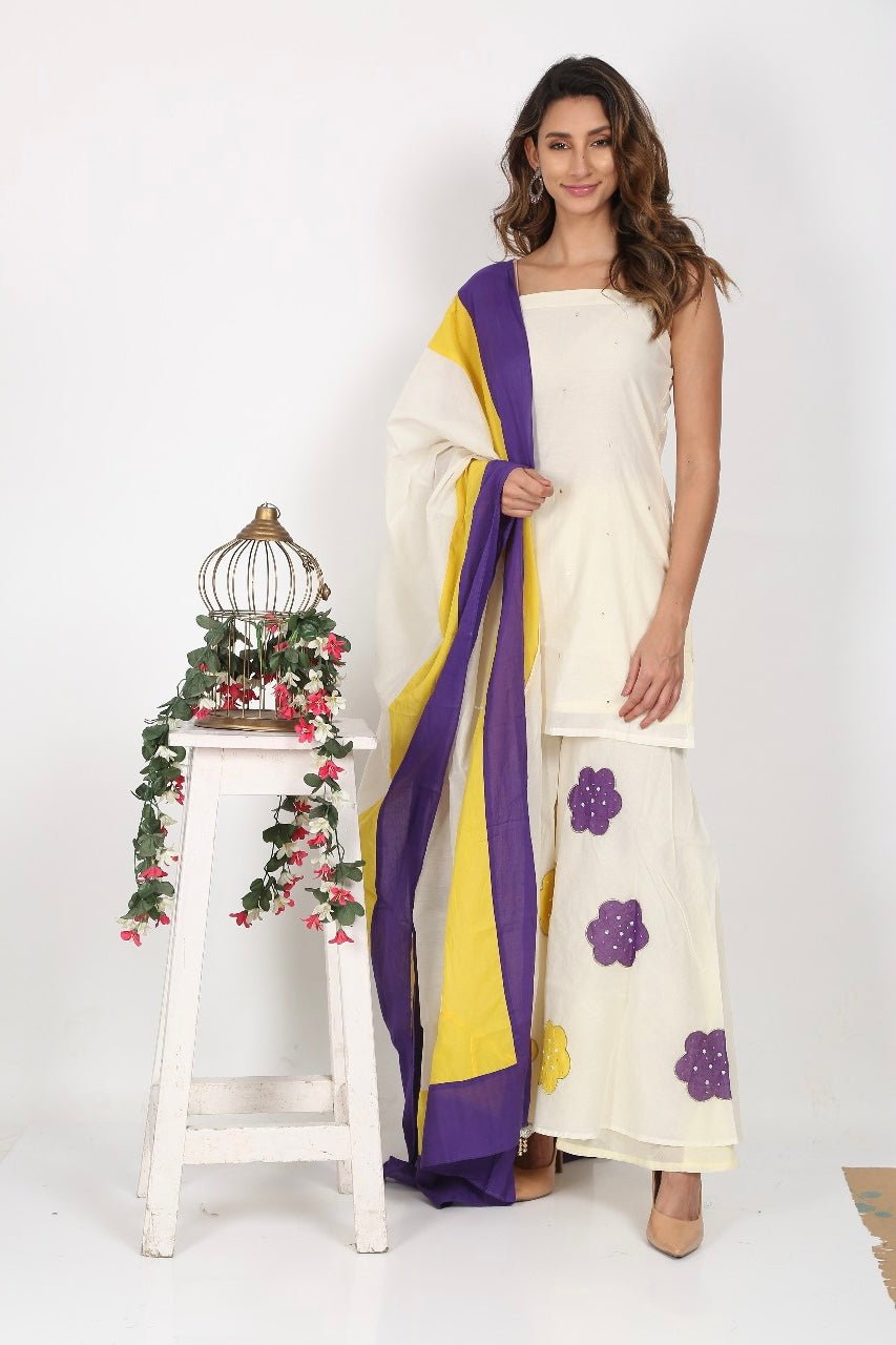 OFF WHITE CHANDERI SHARRARA SUIT SET - DWEEP SARA