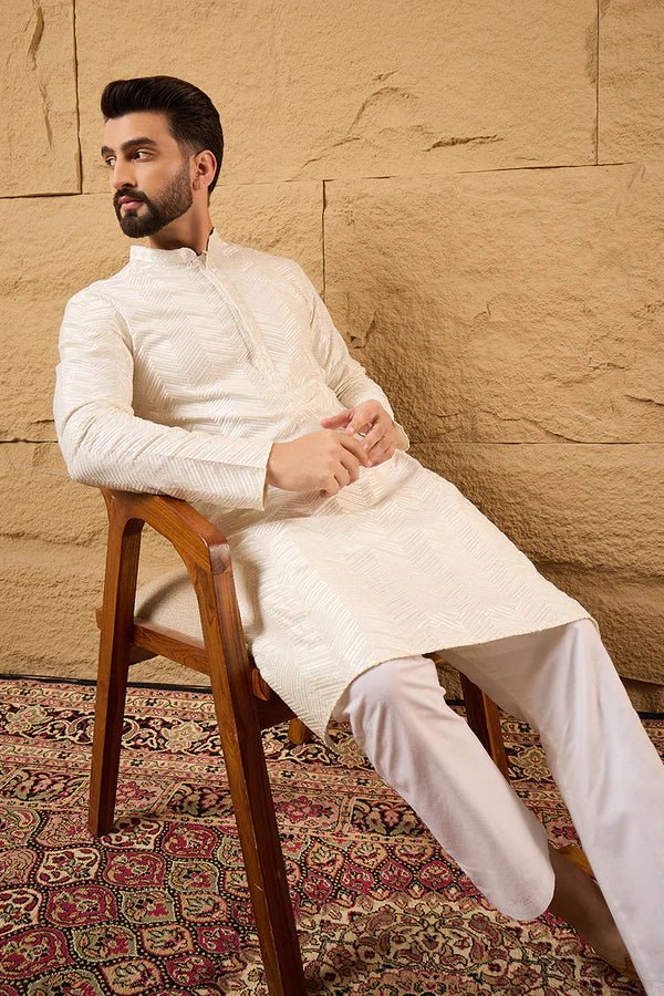 Off White Viscose Rayon Chevron Embroidered Straight Mens Kurta - DWEEP SARA