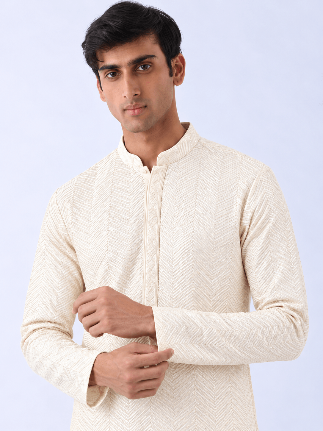 Off White Viscose Rayon Chevron Embroidered Straight Mens Kurta - DWEEP SARA