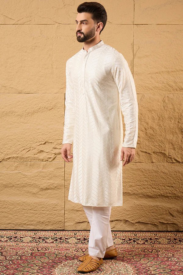 Off White Viscose Rayon Chevron Embroidered Straight Mens Kurta - DWEEP SARA