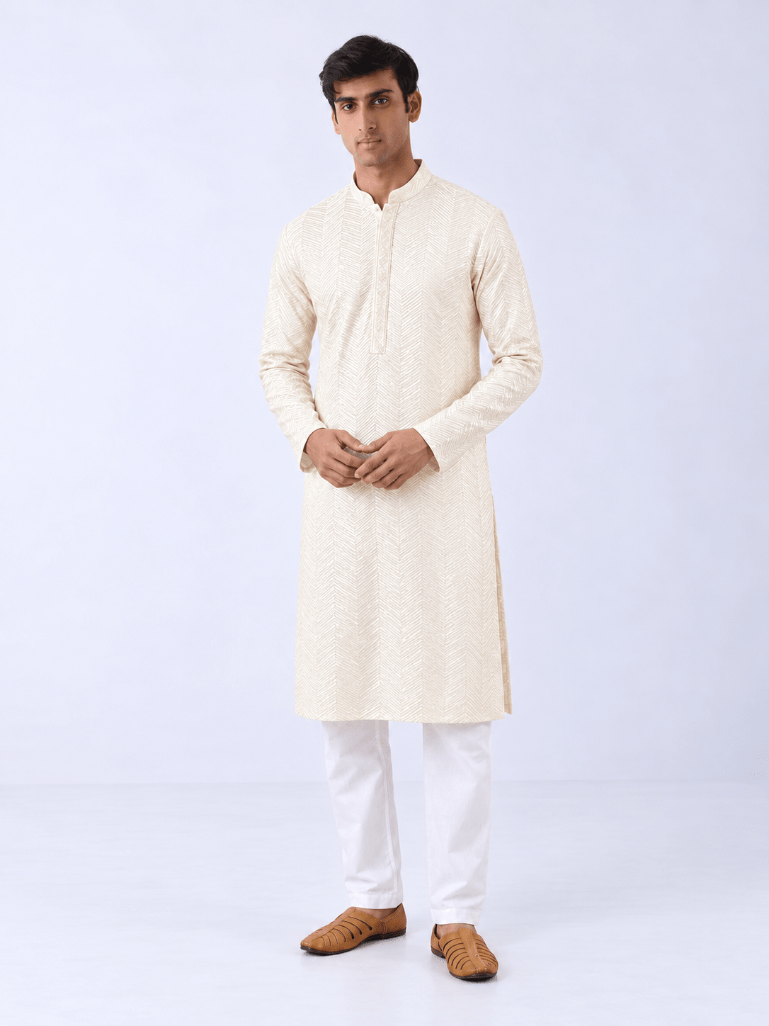 Off White Viscose Rayon Chevron Embroidered Straight Mens Kurta - DWEEP SARA