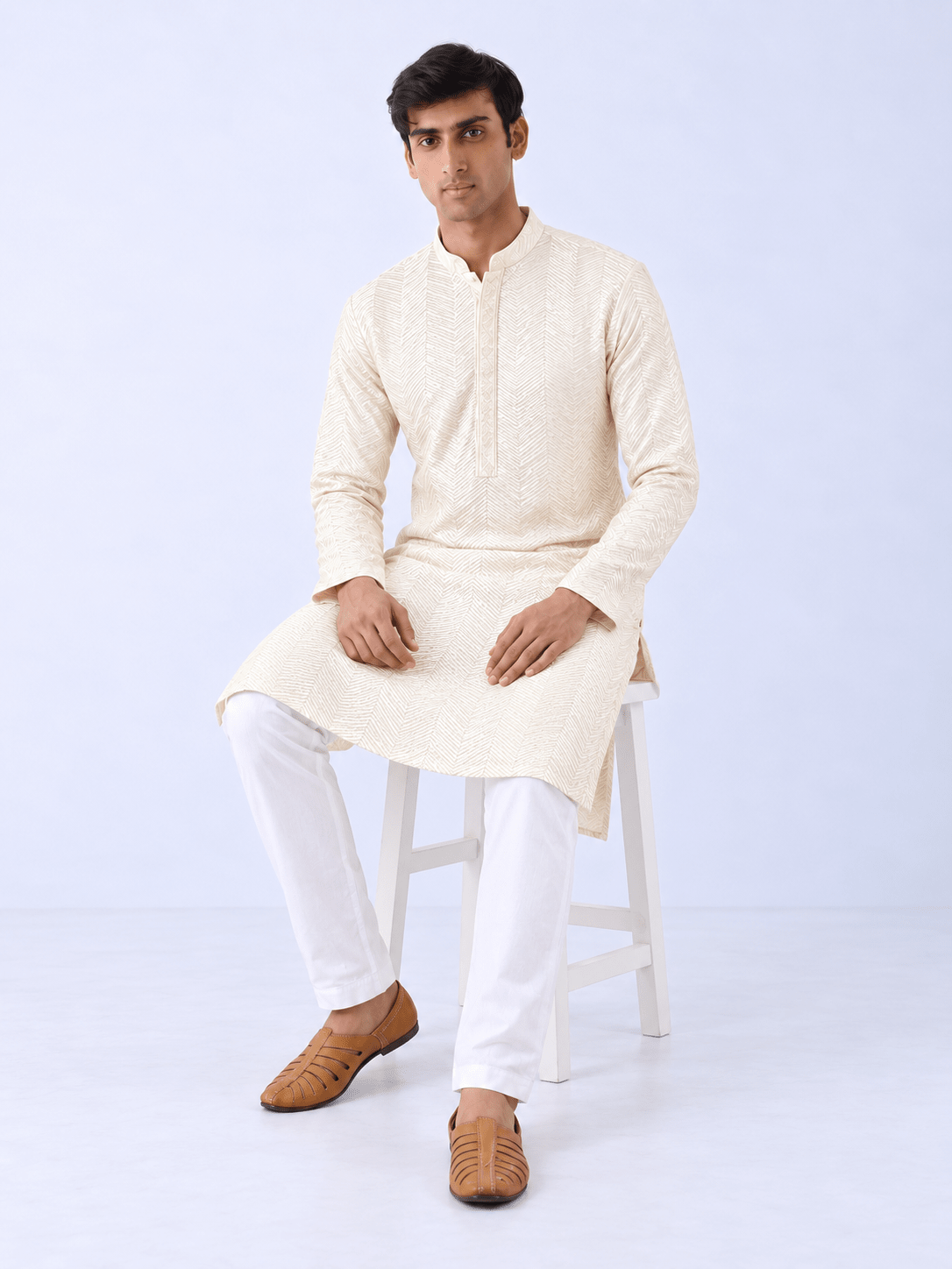 Off White Viscose Rayon Chevron Embroidered Straight Mens Kurta - DWEEP SARA