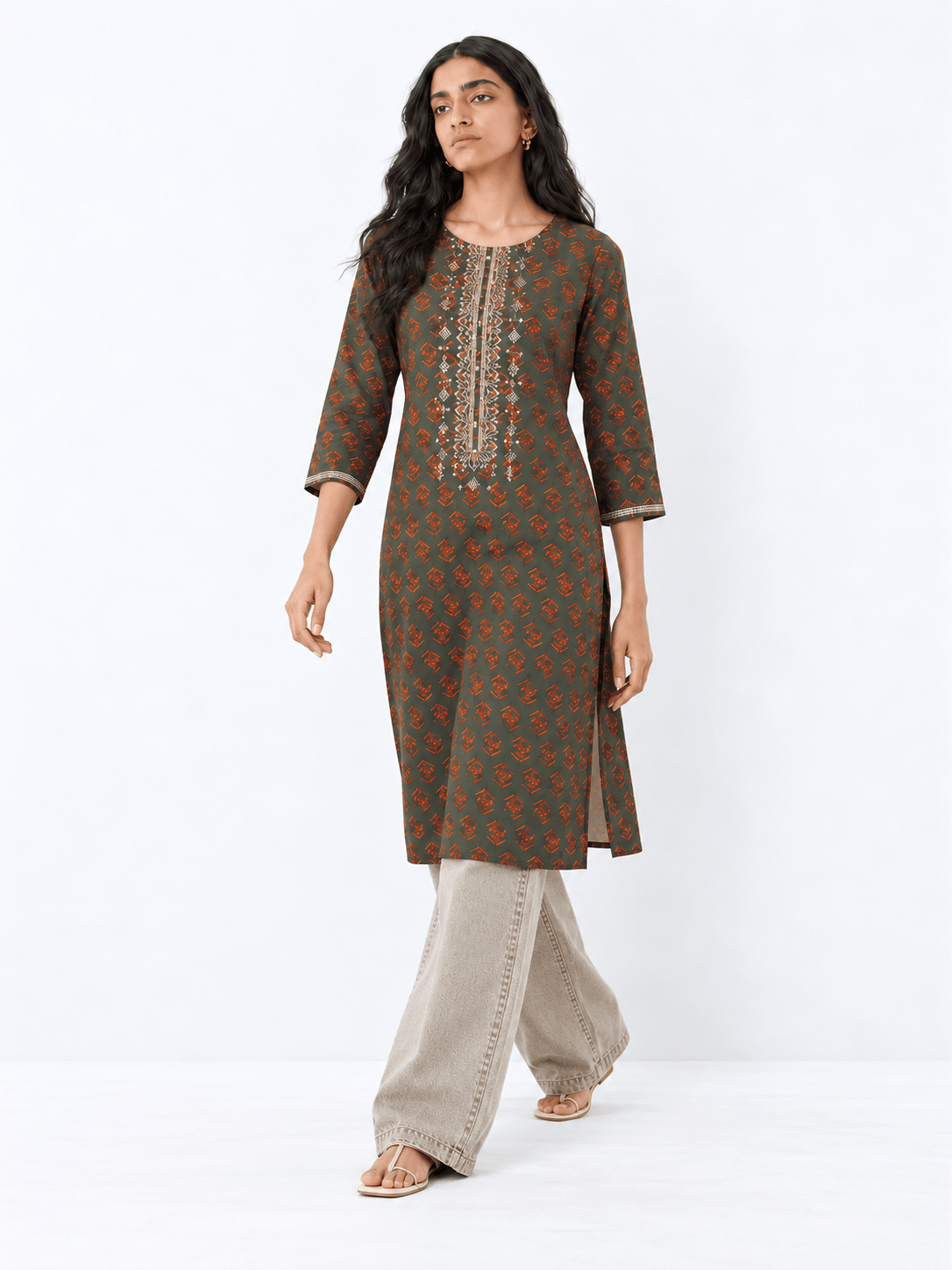 Olive Cotton Blend Floral Embroidered Straight Kurta for Women - DWEEP SARA