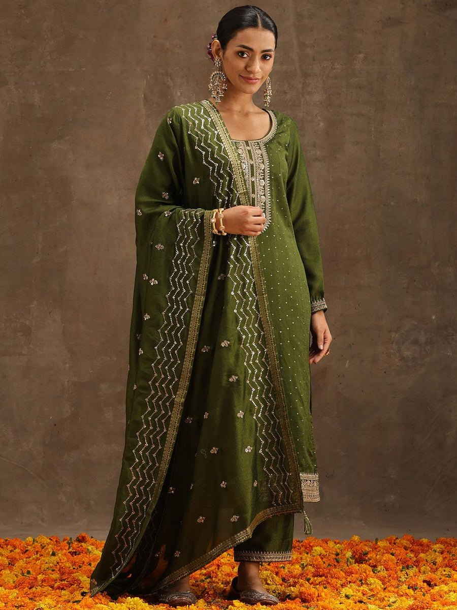 Olive Embroidered Silk Blend Suit set With Trousers - DWEEP SARA