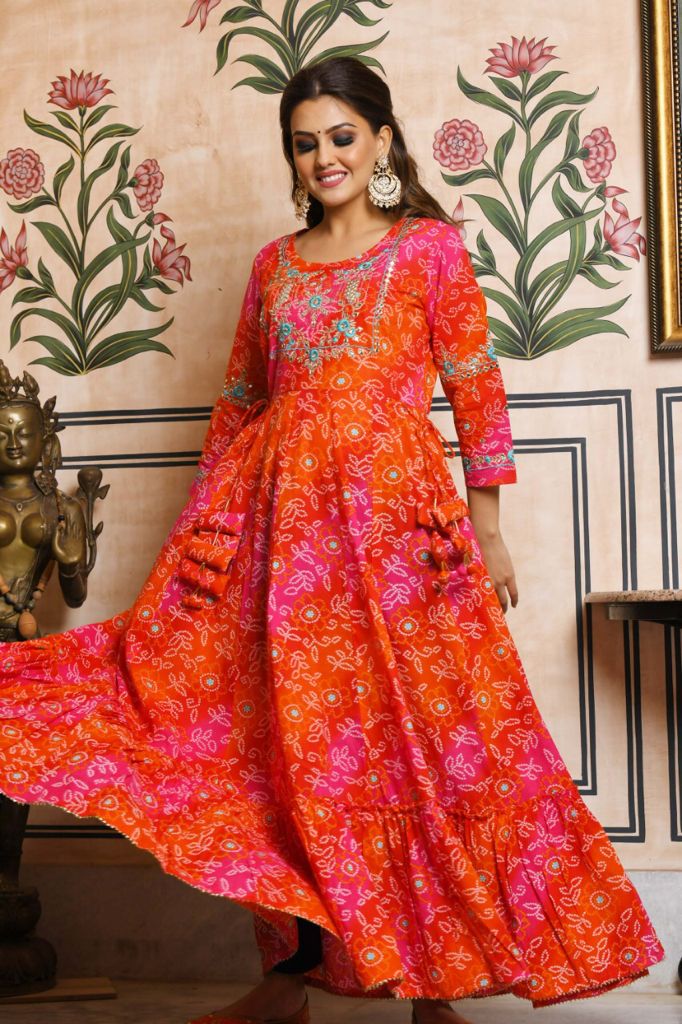 Orange Bandhani Anarkali Dress - DWEEP SARA