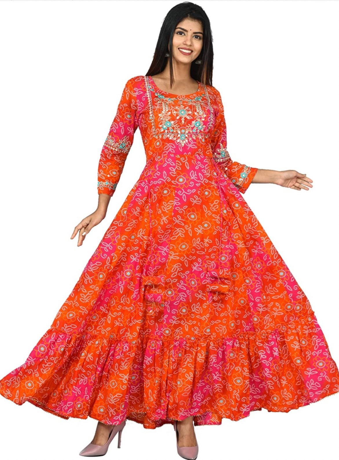 Orange Bandhani Anarkali Dress - DWEEP SARA