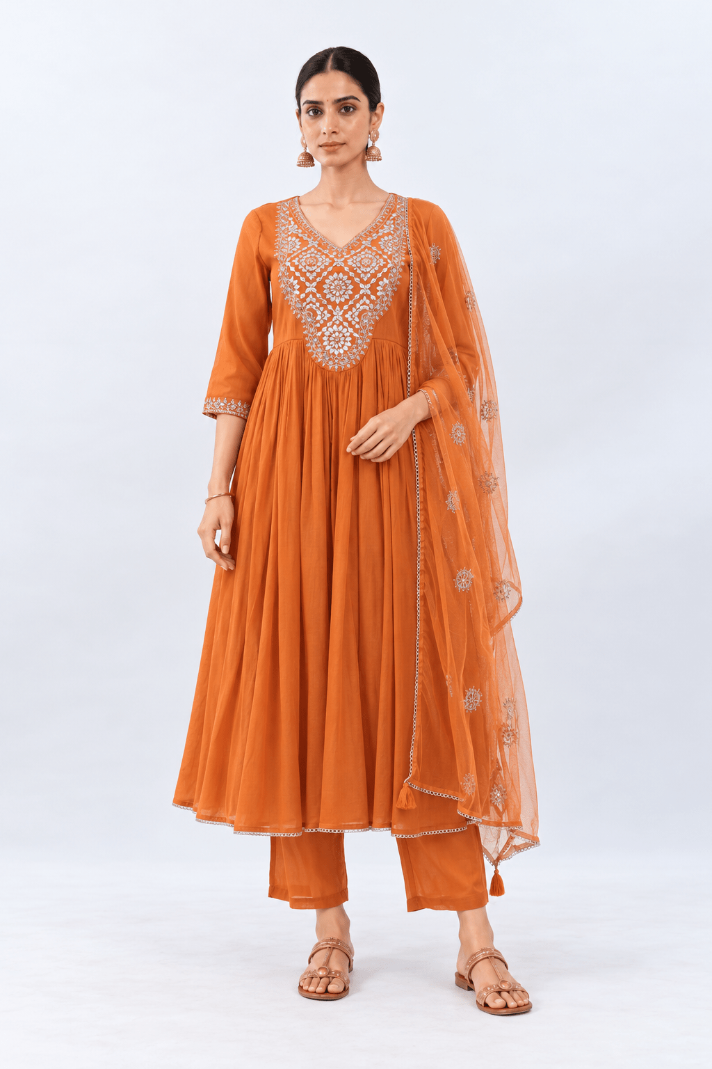 Orange Embroidered Flared Kurta Set with Pants & Dupatta - DWEEP SARA