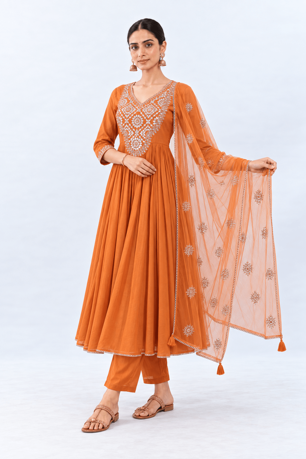 Orange Embroidered Flared Kurta Set with Pants & Dupatta - DWEEP SARA