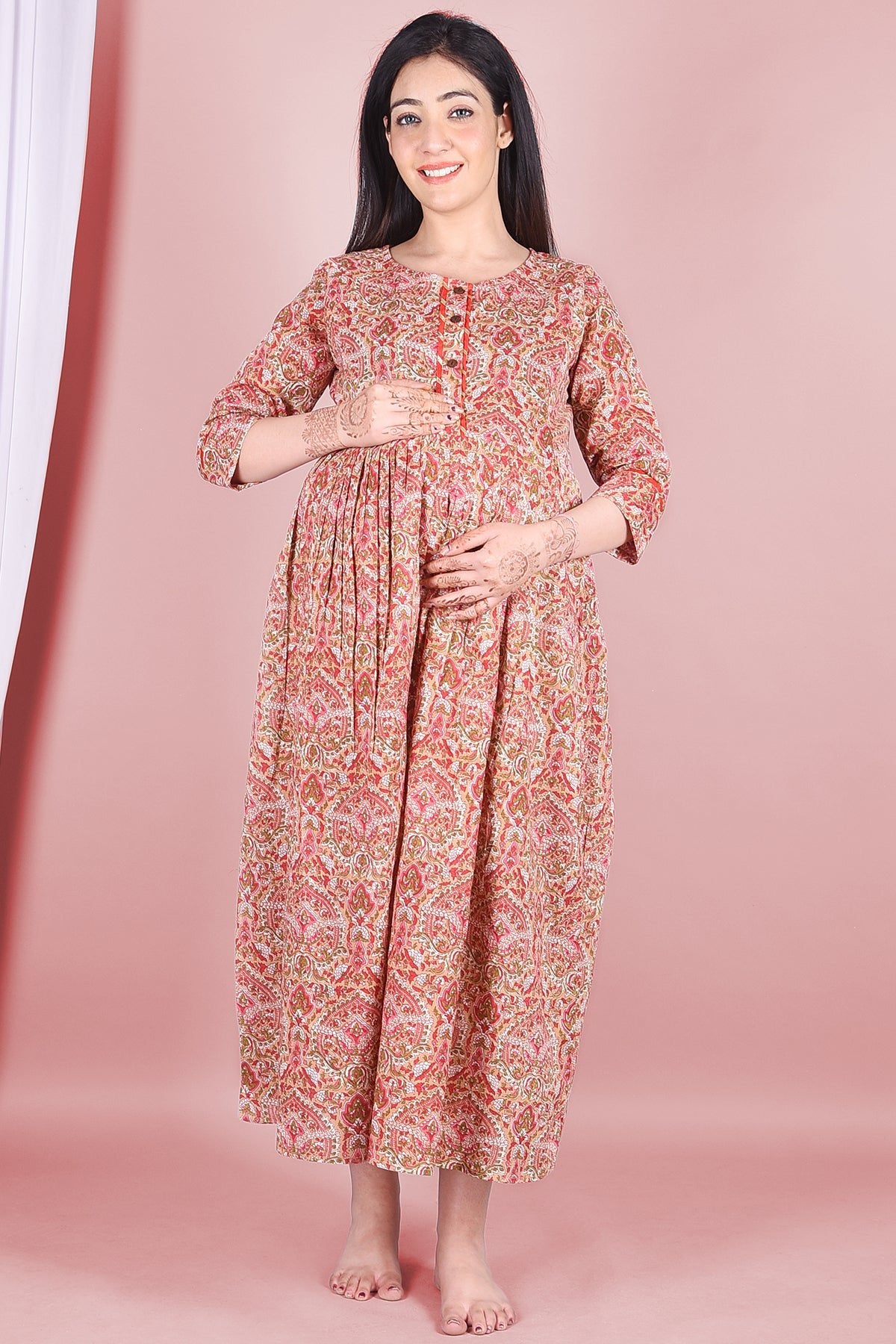 Peach Block Printed Maternity Cotton Dress - DWEEP SARA