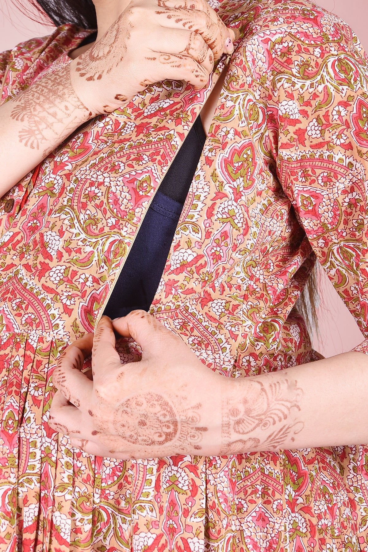 Peach Block Printed Maternity Cotton Dress - DWEEP SARA