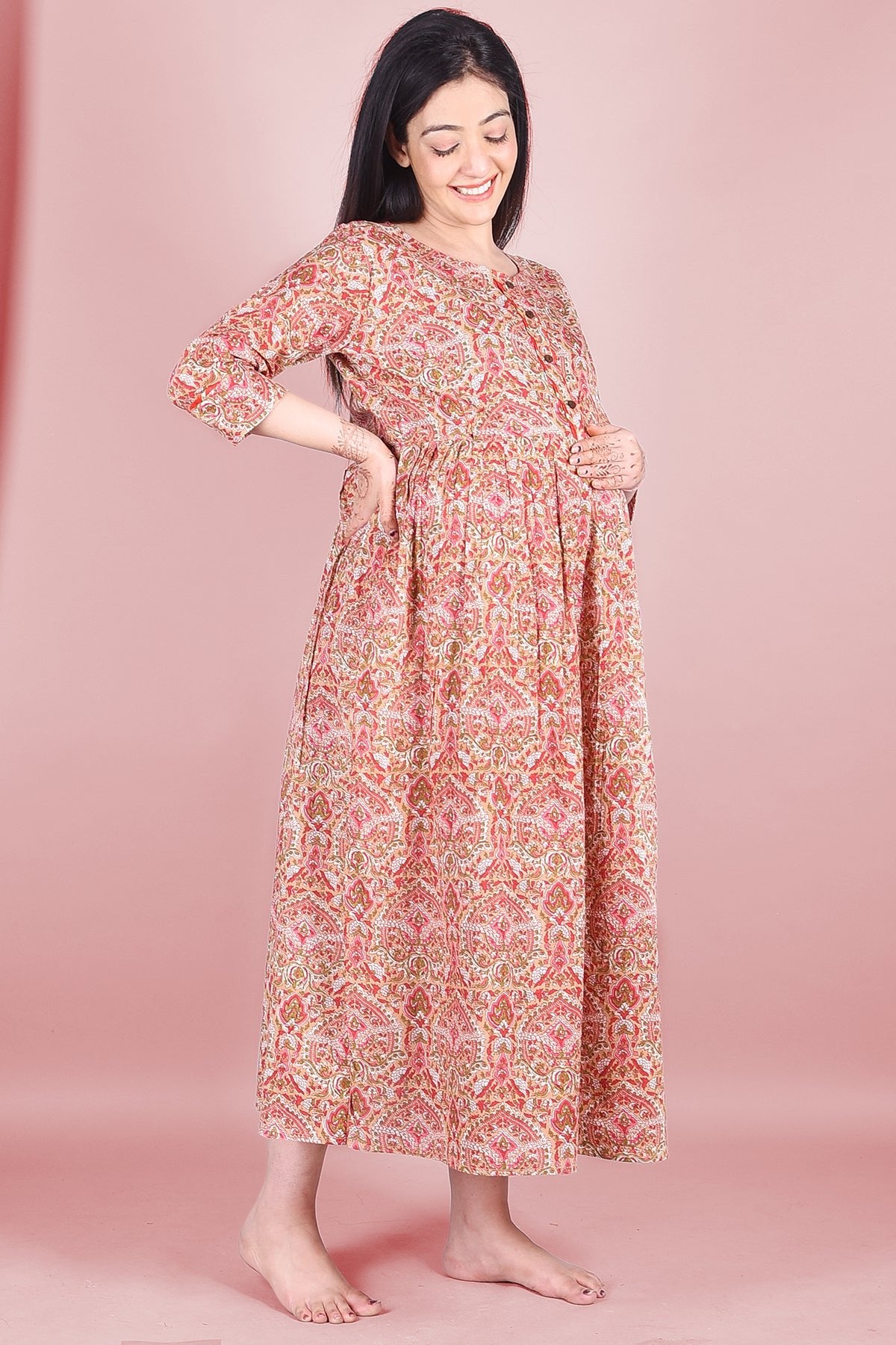 Peach Block Printed Maternity Cotton Dress - DWEEP SARA