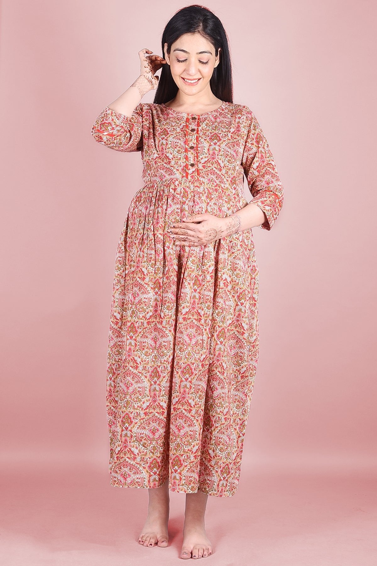 Peach Block Printed Maternity Cotton Dress - DWEEP SARA