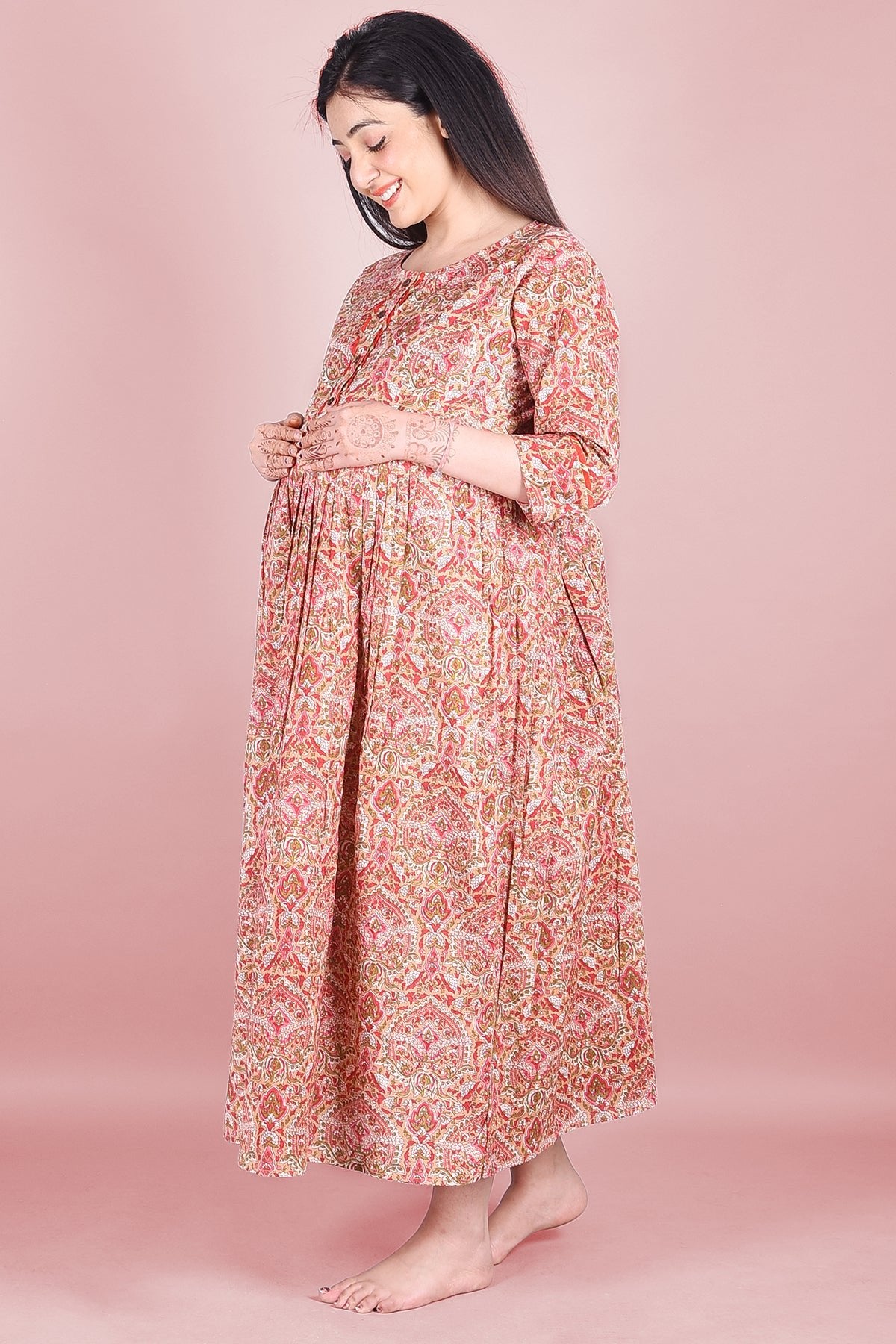 Peach Block Printed Maternity Cotton Dress - DWEEP SARA