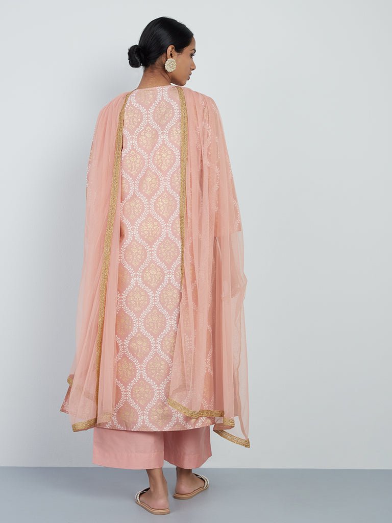 Peach Embroidered Viscose Silk Suit Set - DWEEP SARA