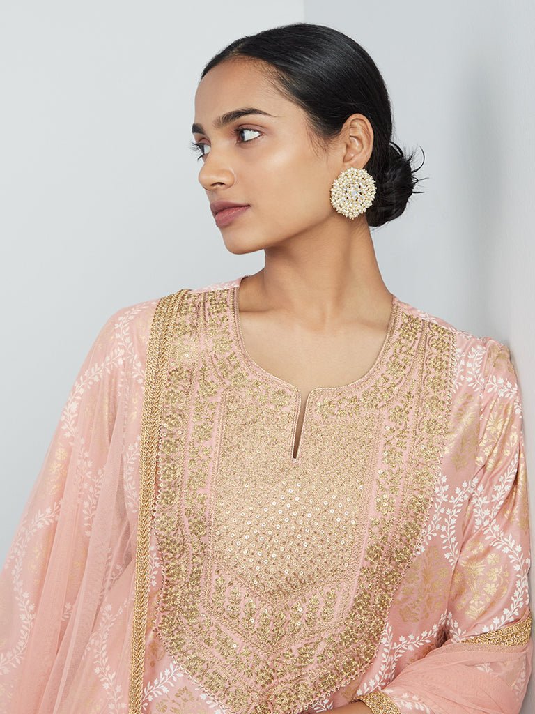 Peach Embroidered Viscose Silk Suit Set - DWEEP SARA