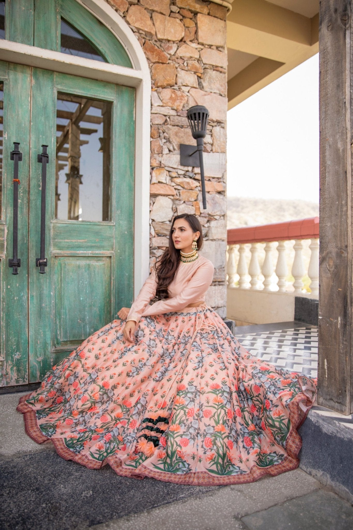 PEACH FLORAL SILK CHANDERI LEHNGA SET - DWEEP SARA