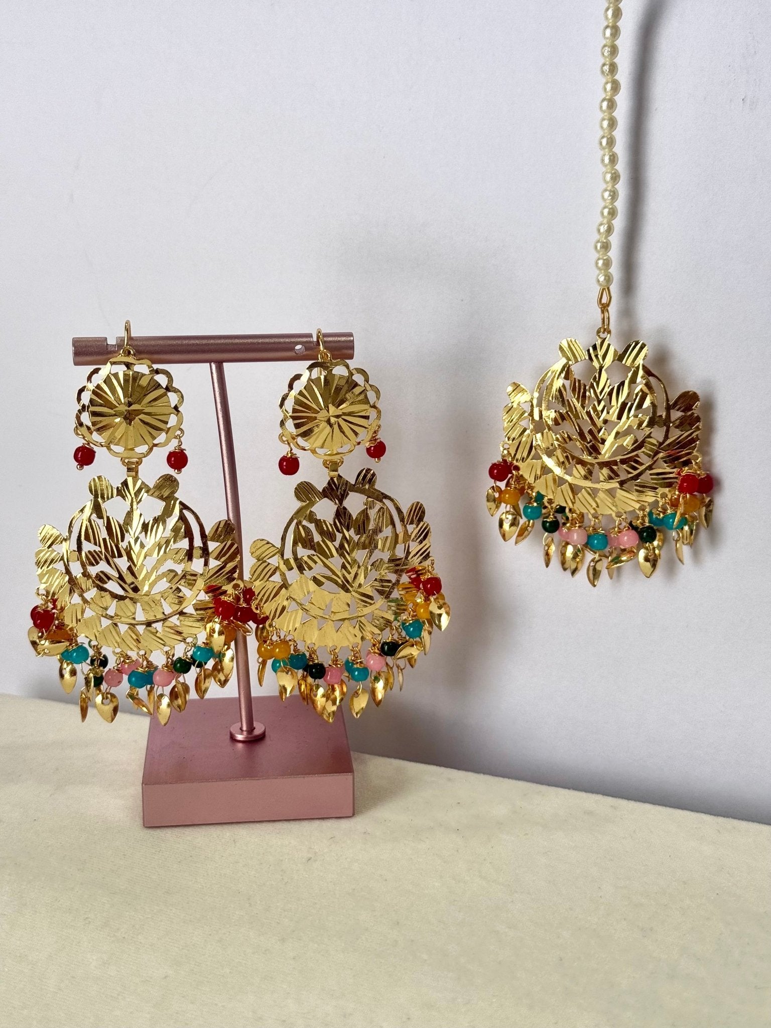 Pearl punjabi Colourful traditional jhumka x tikka gold piple patti tikka - DWEEP SARA