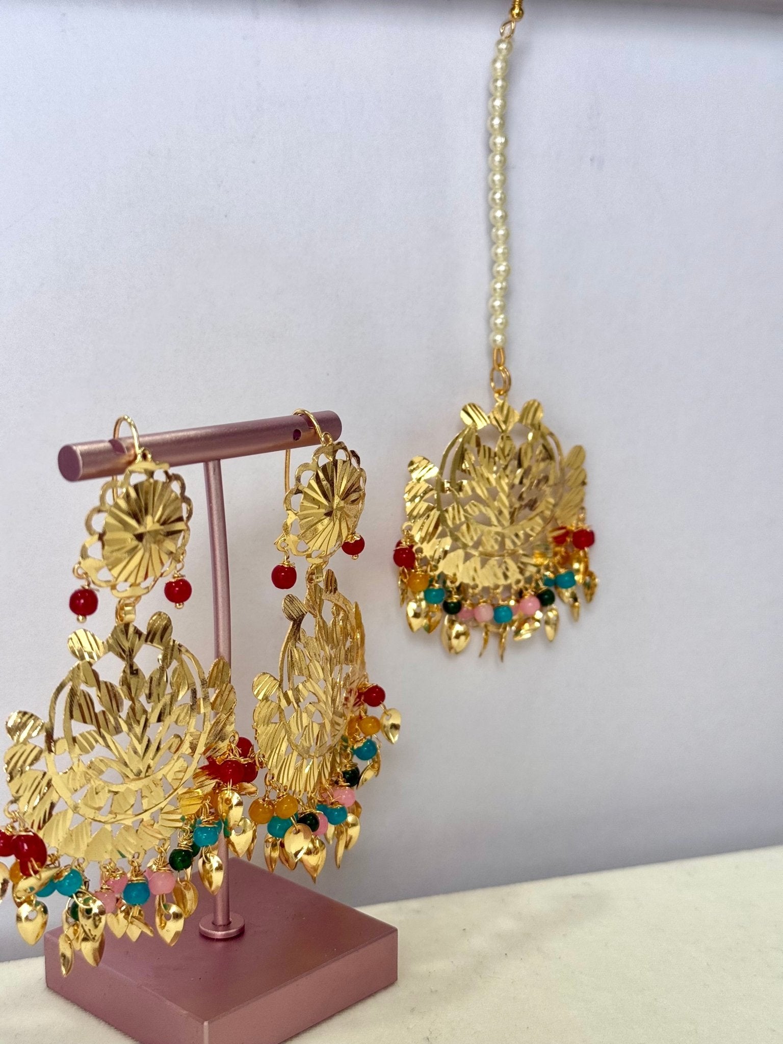 Pearl punjabi Colourful traditional jhumka x tikka gold piple patti tikka - DWEEP SARA