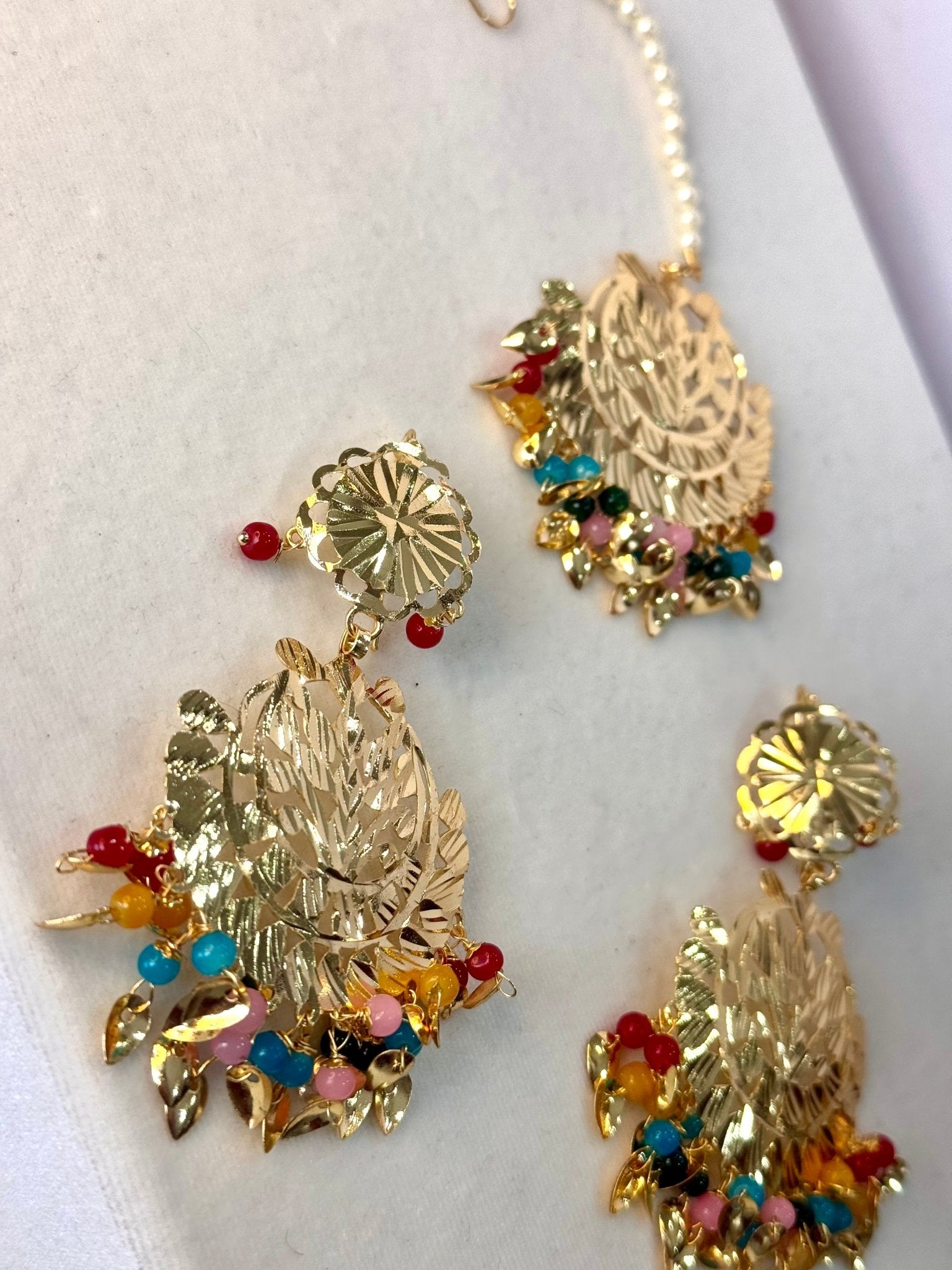 Pearl punjabi Colourful traditional jhumka x tikka gold piple patti tikka - DWEEP SARA