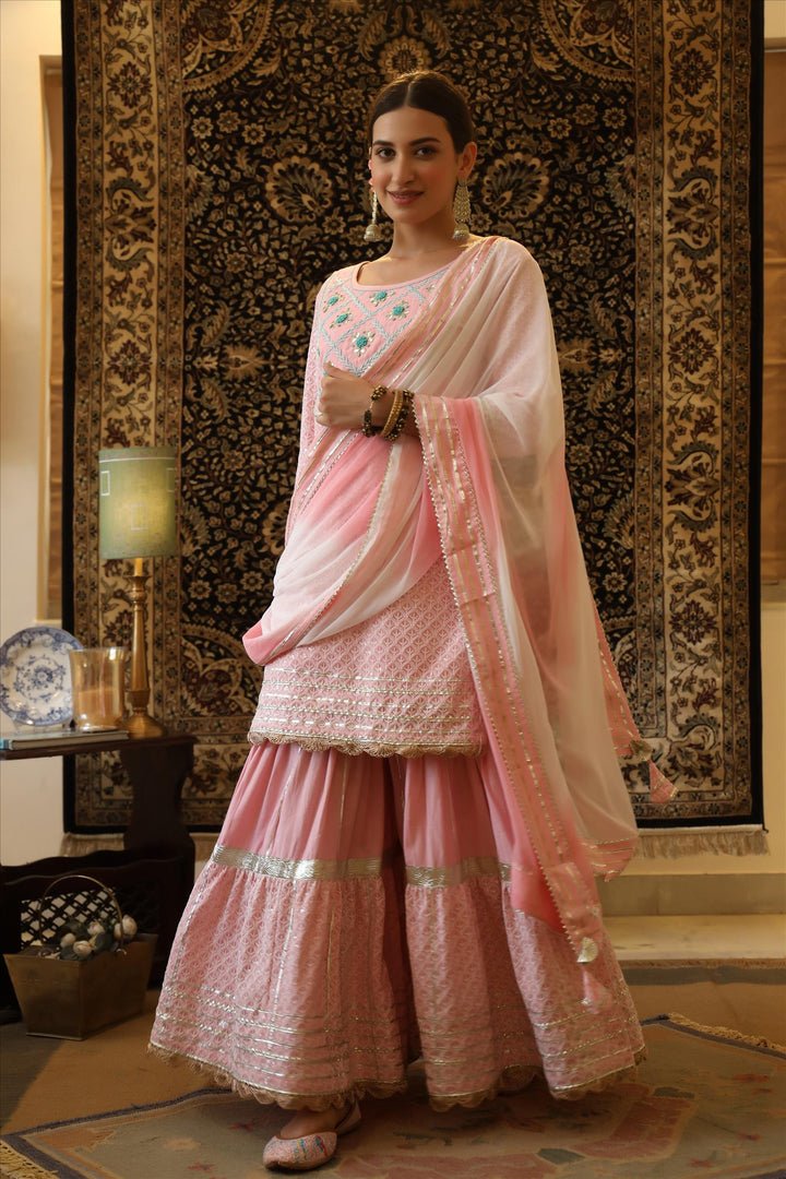 Pink Cotton Chikankari Handmade Sharara Set - DWEEP SARA