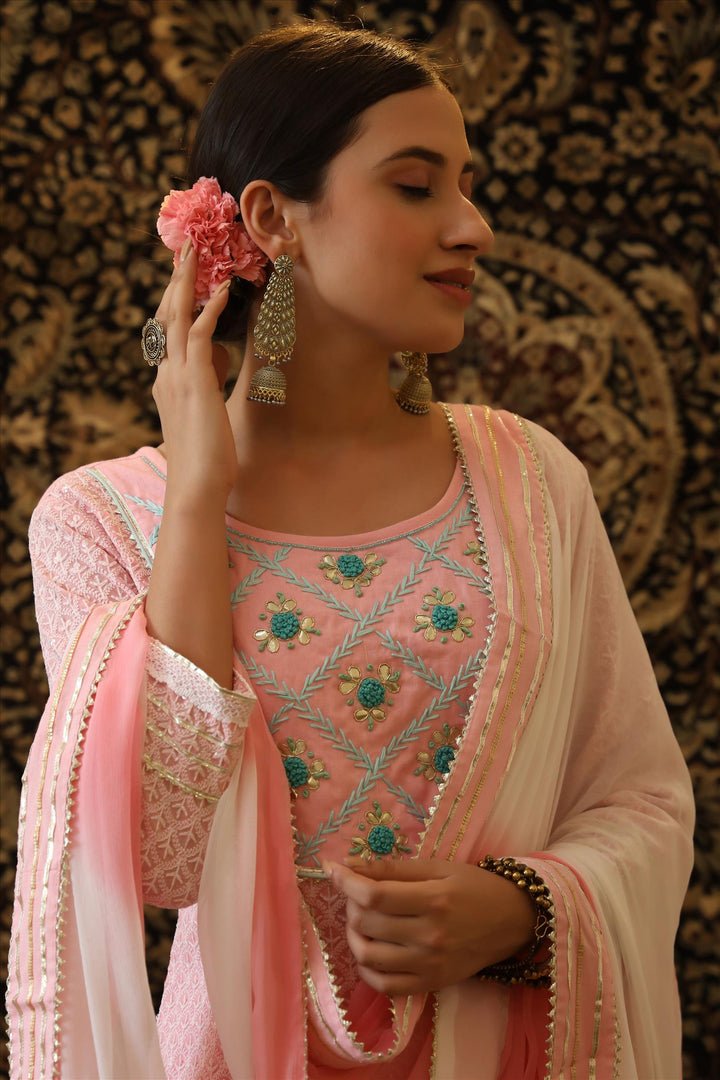 Pink Cotton Chikankari Handmade Sharara Set - DWEEP SARA