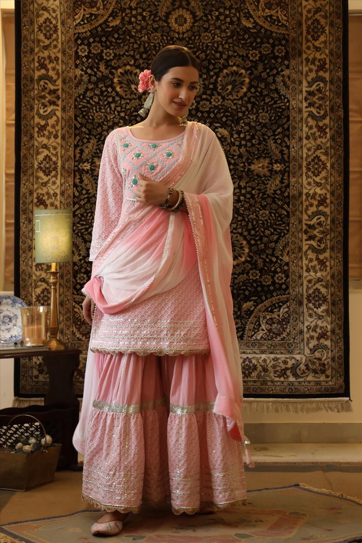 Pink Cotton Chikankari Handmade Sharara Set - DWEEP SARA