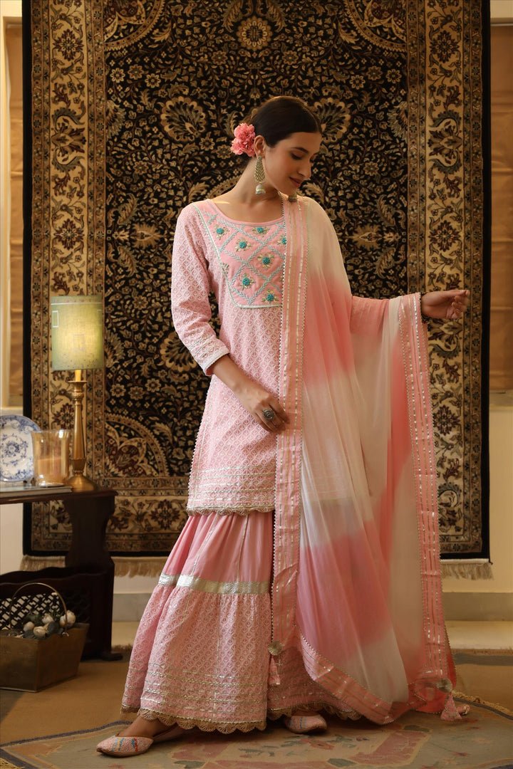 Pink Cotton Chikankari Handmade Sharara Set - DWEEP SARA