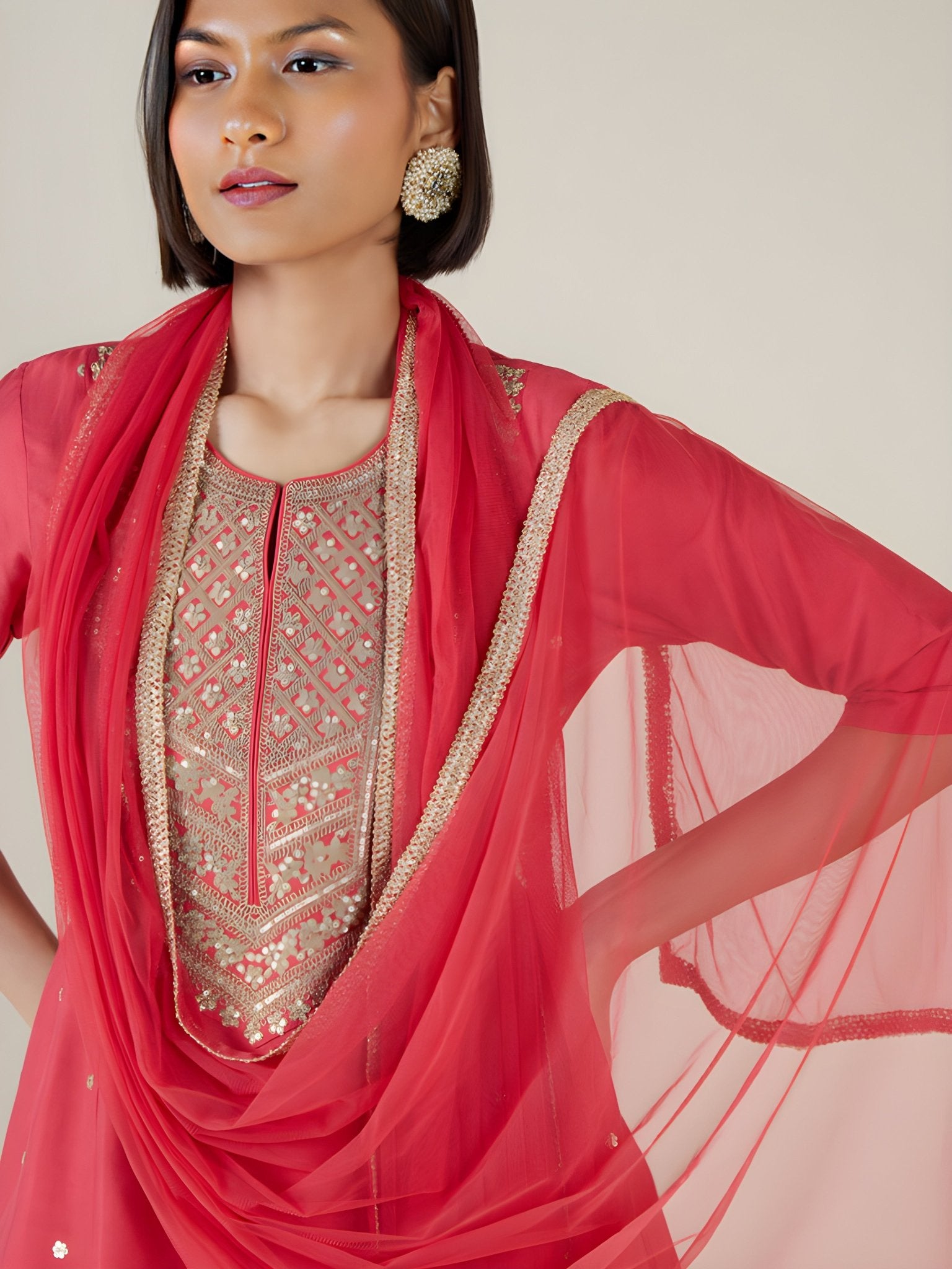 Pink Sequinned Embroidery Anarkali Pant Set - DWEEP SARA