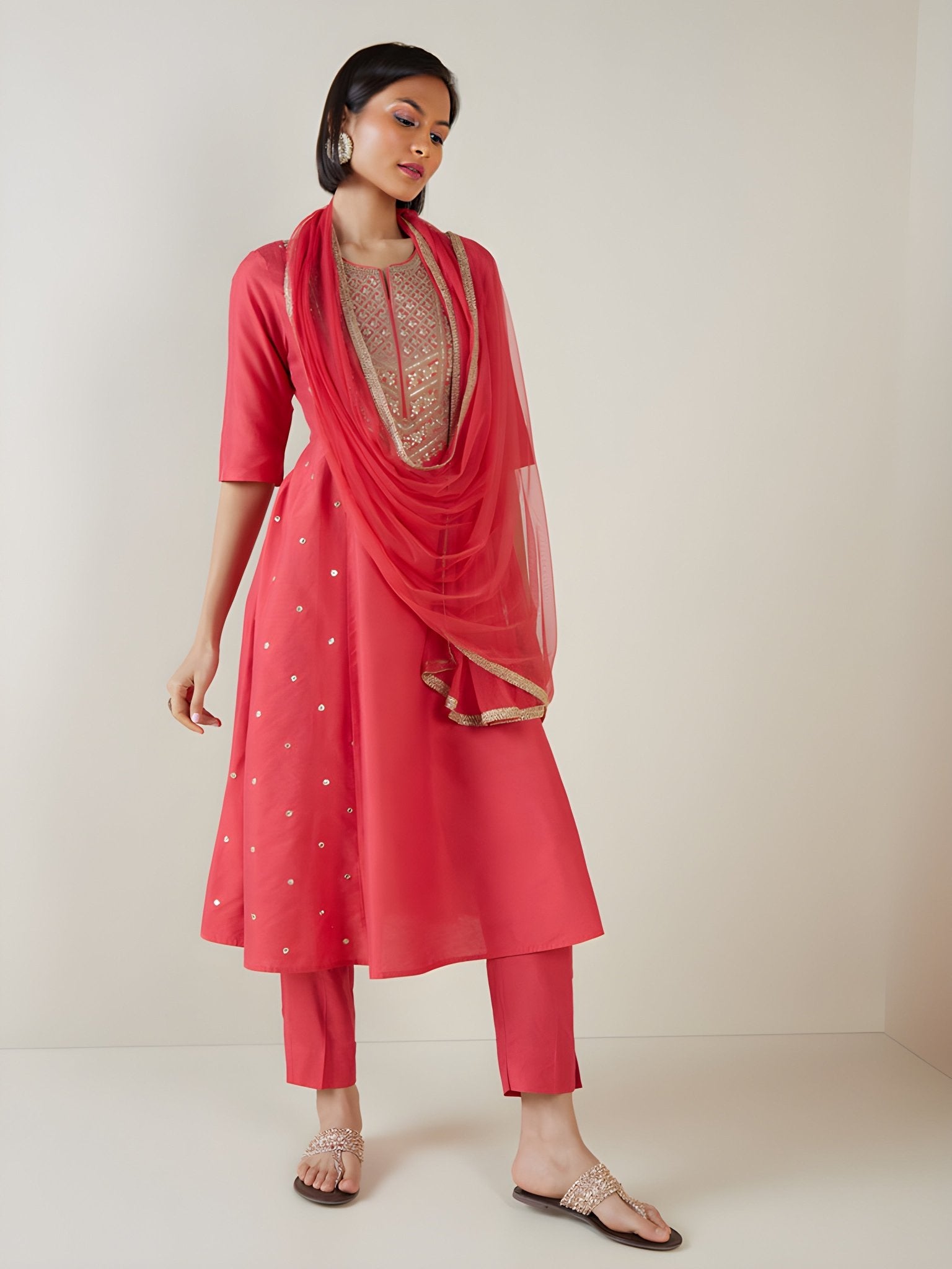 Pink Sequinned Embroidery Anarkali Pant Set - DWEEP SARA