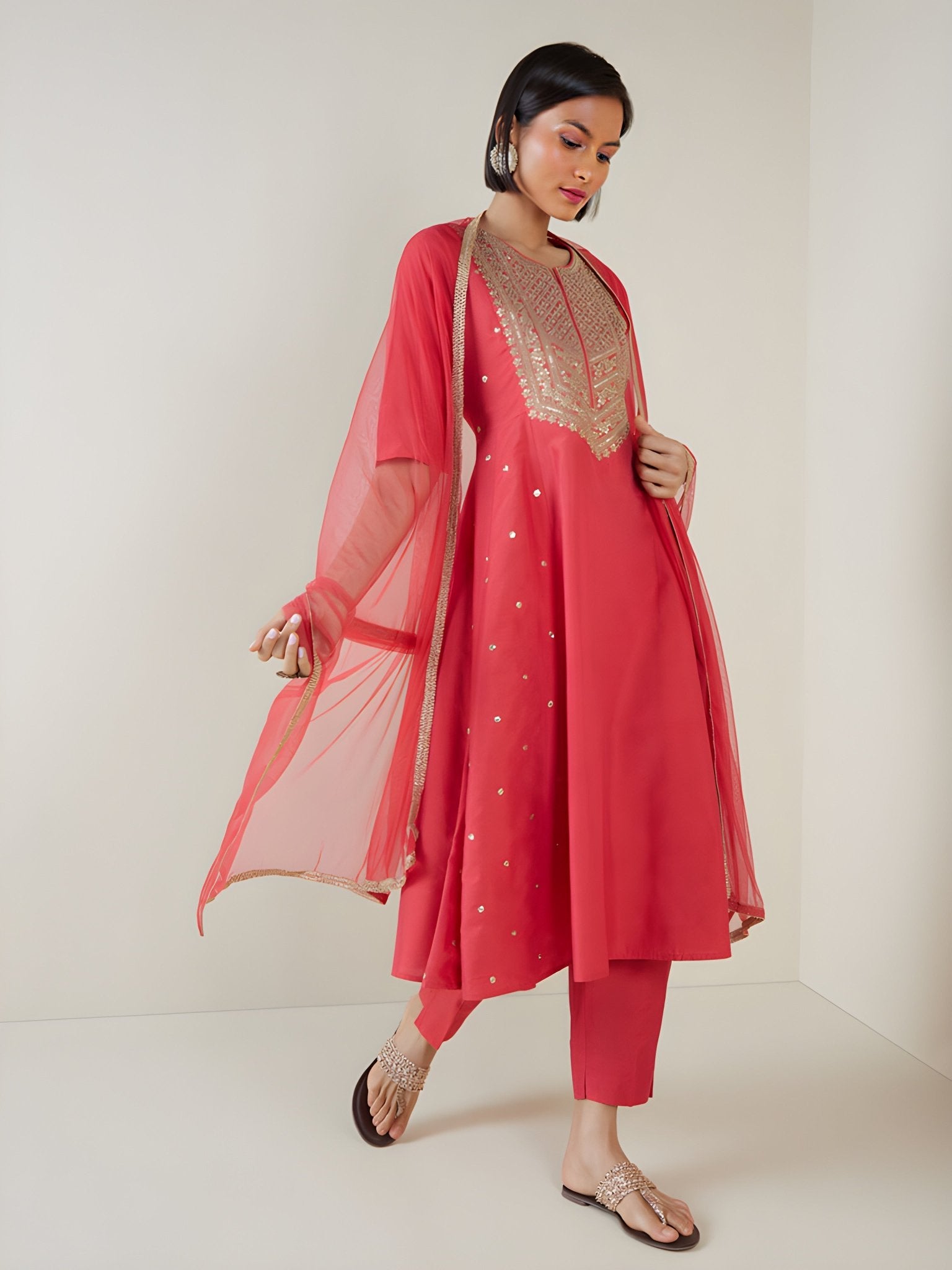 Pink Sequinned Embroidery Anarkali Pant Set - DWEEP SARA