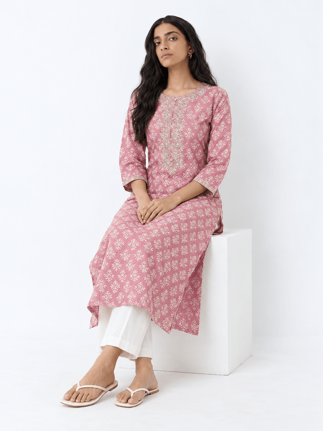Pink Silk Blend Embroidered Straight Kurta - DWEEP SARA