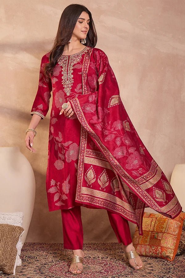 Pink Silk Blend Floral Printed Straight Kurta Trouser With Dupatta - DWEEP SARA
