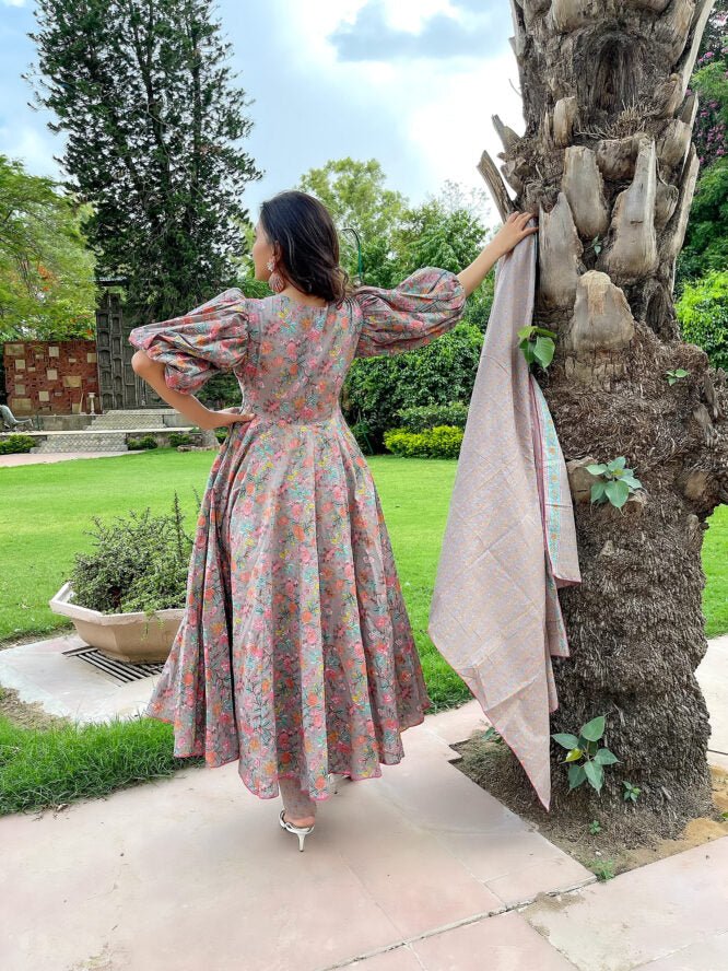 Printed Grey Cotton Suit Set - DWEEP SARA