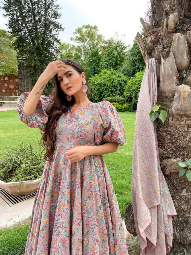 Printed Grey Cotton Suit Set - DWEEP SARA