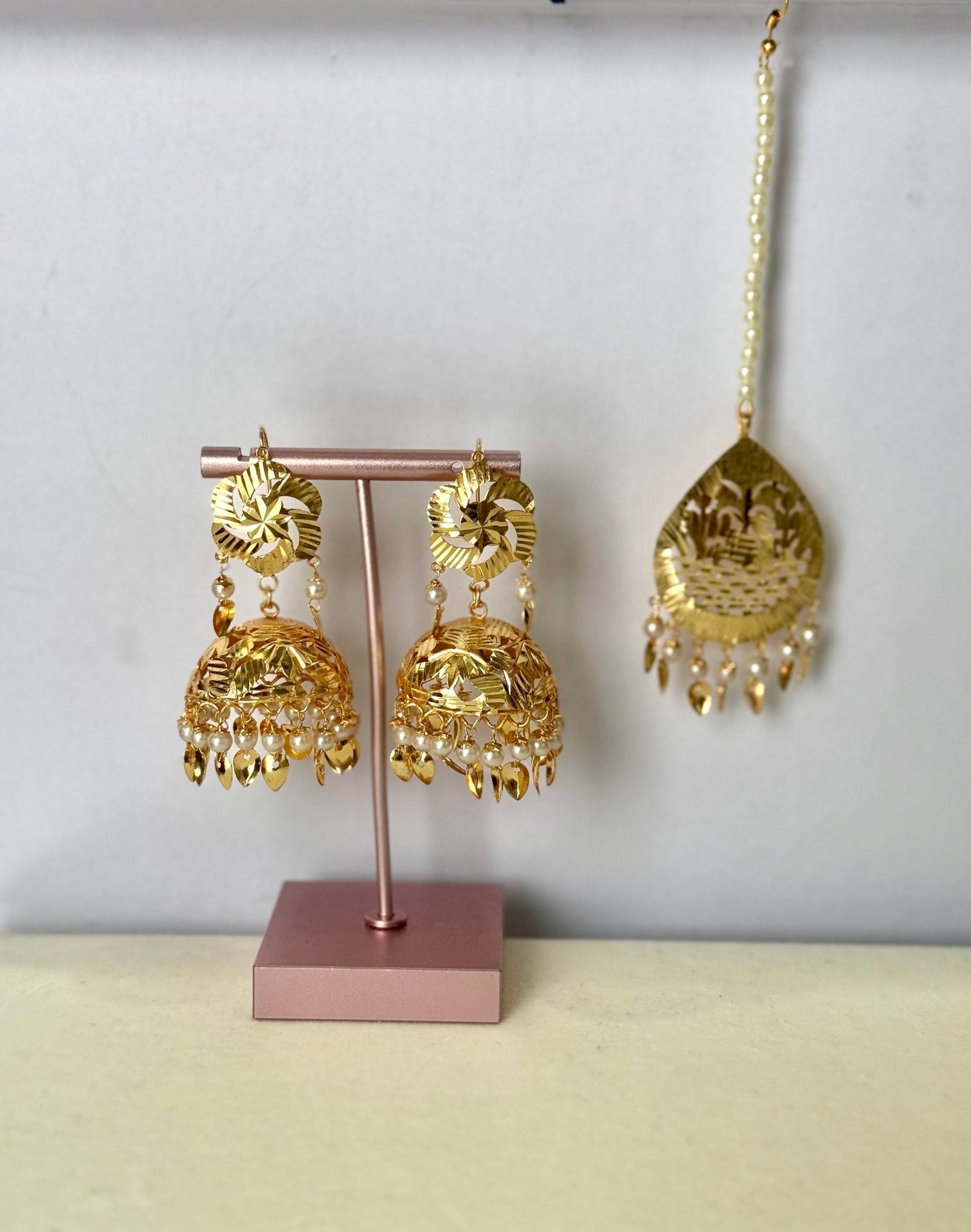 Punjabi traditional Pearl jhumka & tikka gold piple patti tikka - DWEEP SARA
