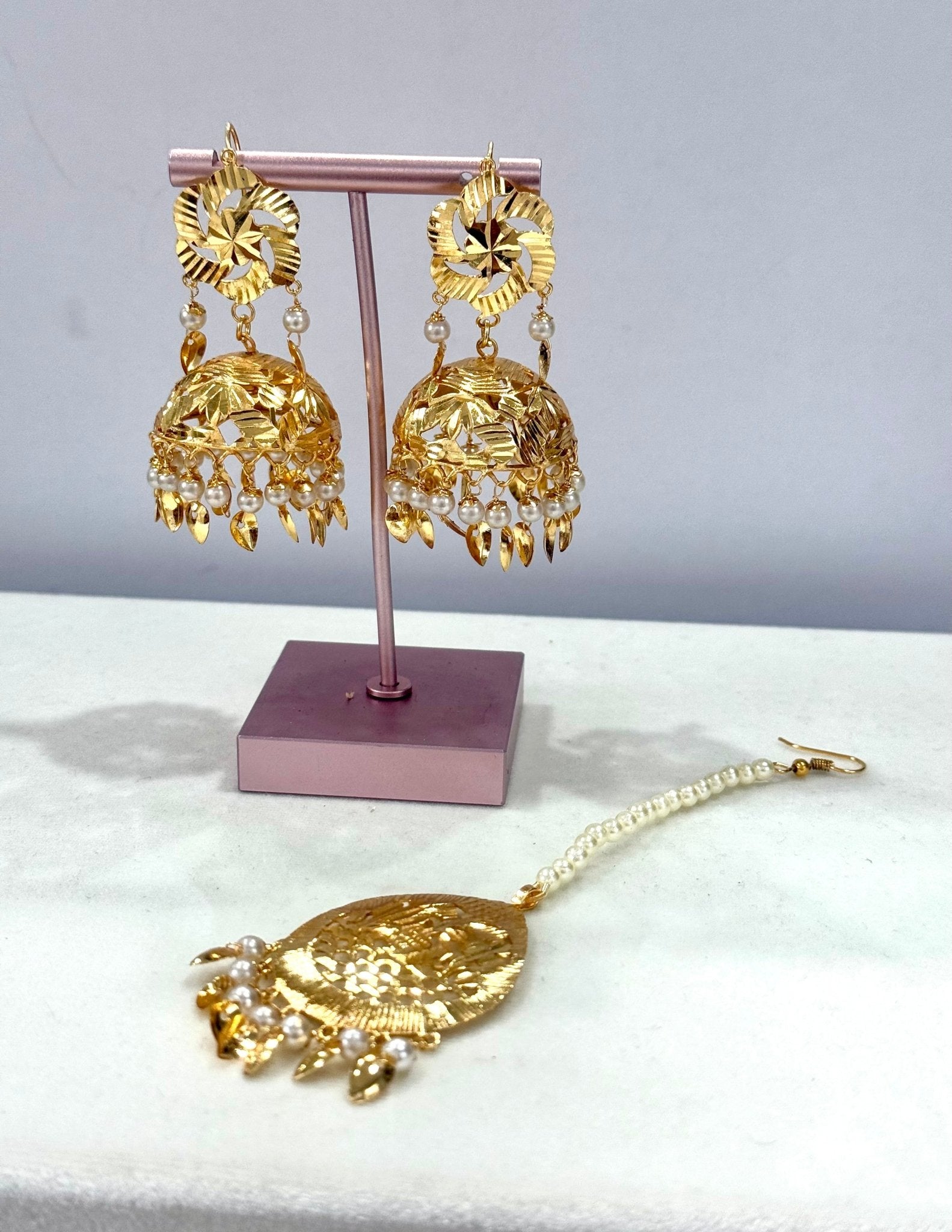 Punjabi traditional Pearl jhumka & tikka gold piple patti tikka - DWEEP SARA