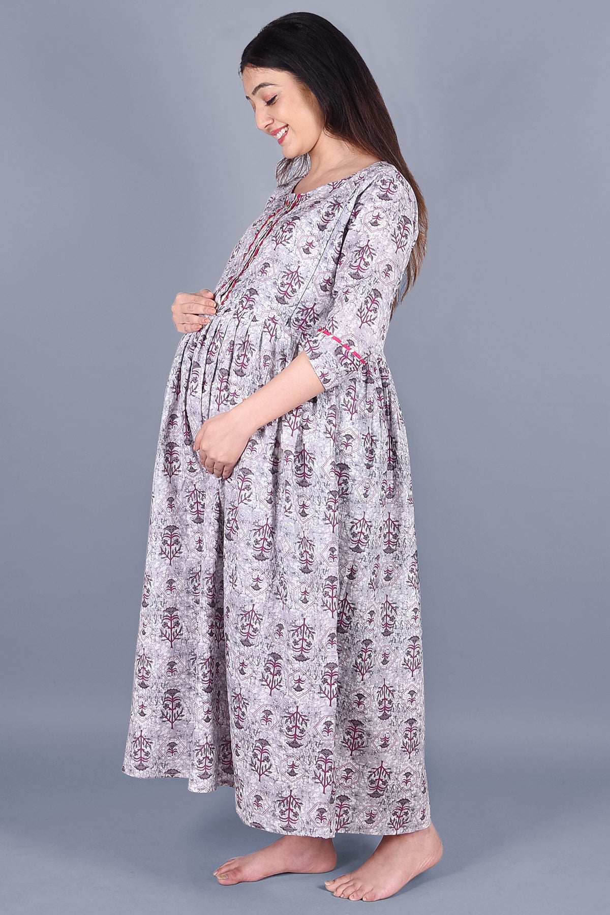Purple And White Block Printed Maternity Dress - DWEEP SARA