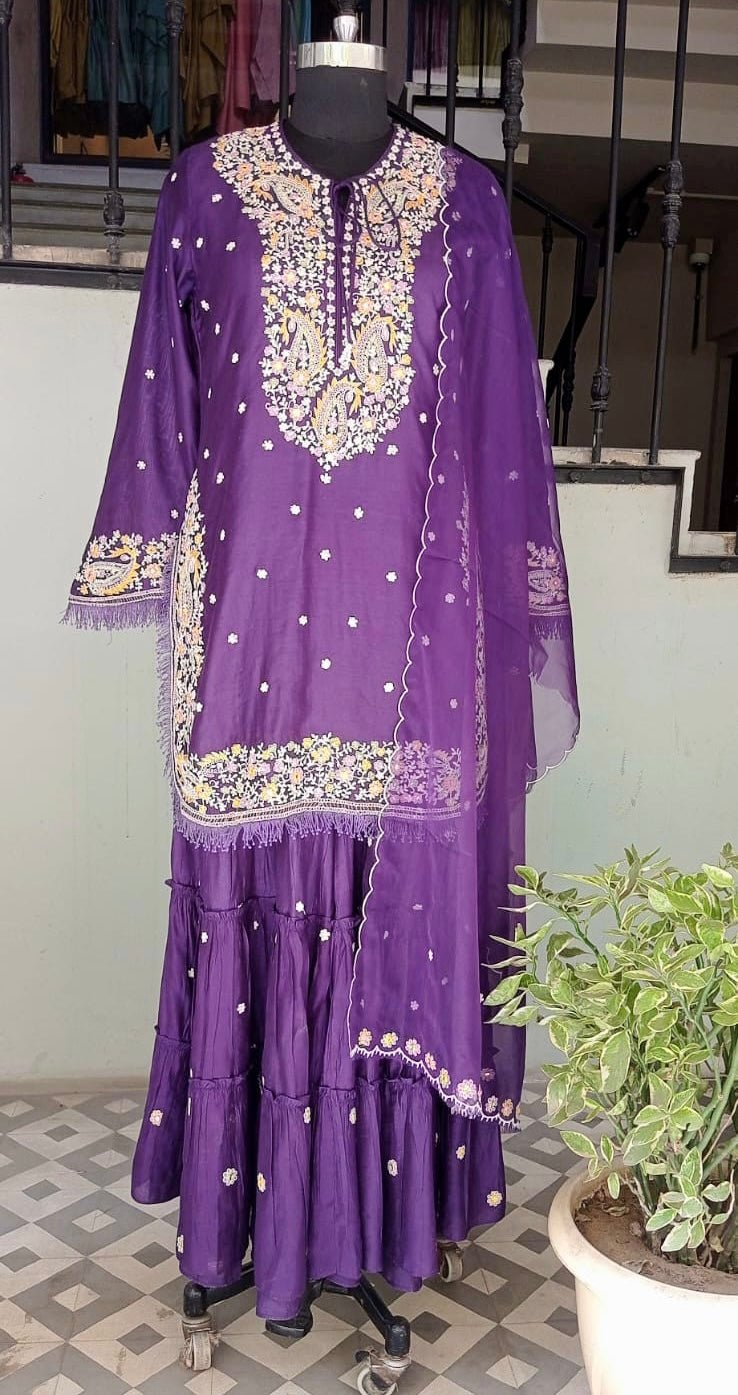 Purple Embellished Hand Embroidered Kurta Sharara Set With Chanderi Dupatta - DWEEP SARA