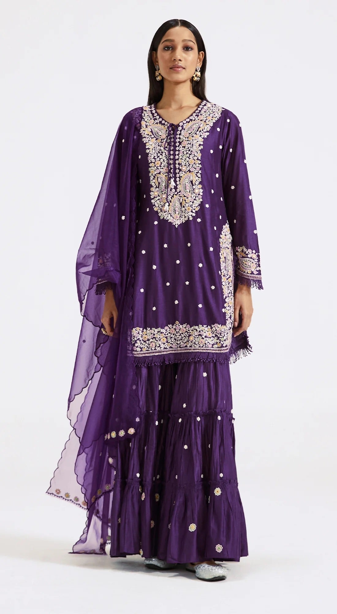 Purple Embellished Hand Embroidered Kurta Sharara Set With Chanderi Dupatta - DWEEP SARA