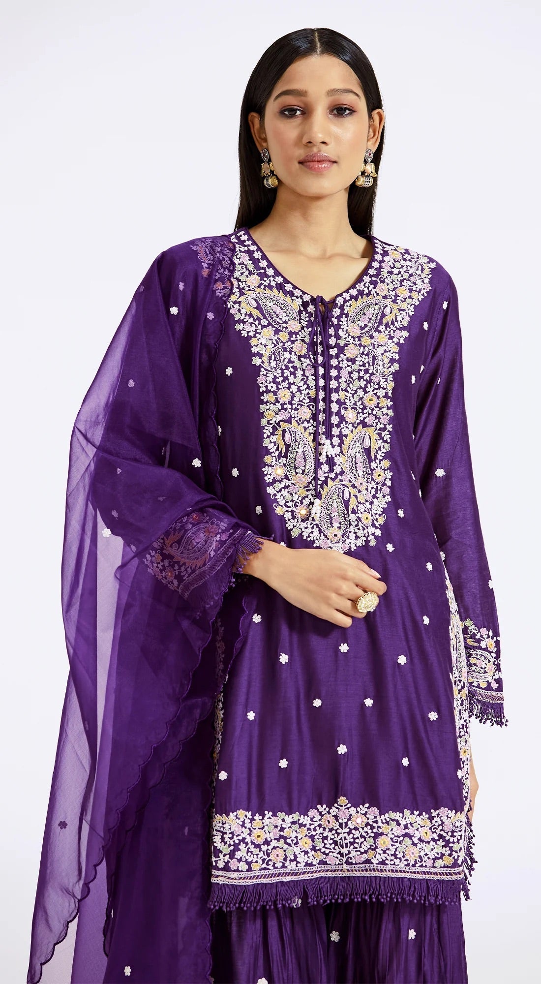 Purple Embellished Hand Embroidered Kurta Sharara Set With Chanderi Dupatta - DWEEP SARA